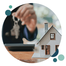 Bubble--loan-officer-with-mortgage-application-house-key-and-white-toy-house