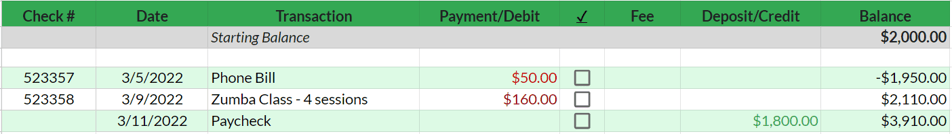 Check register spreadsheet with payments, withdrawals, or debts inputted. 